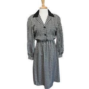 Vintage 80s Melissa Lane Dress Womens 10 Secretary Midi Long Sleeves Houndstooth